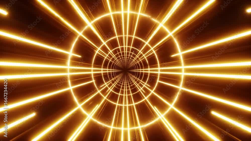 Poster abstract glowing golden tunnel with circular geometric patterns in a dark background with futuristic