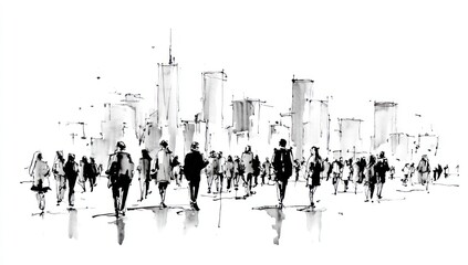 Obraz premium Sketch of people walking towards city skyline, rendered in grayscale ink strokes