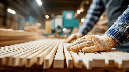 Gloved carpenter aligning wooden slats in a workshop, highlighting craftsmanship, precision, and safe manufacturing.
