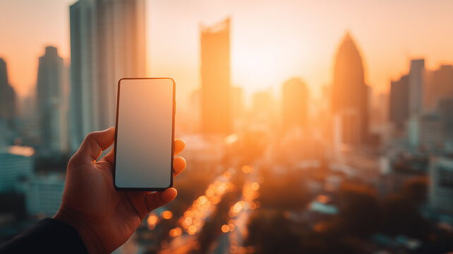 A hand holding a smartphone above an urban skyline, representing mobile life smart city applications and always connected experiences
