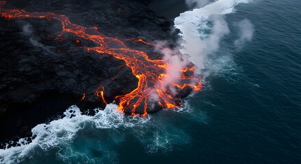 Aerial view of glowing orange lava flowing into the dark blue ocean