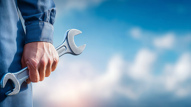 A mechanic hand holding an open end wrench ready for service, symbolizing dependable repair maintenance and practical technical support for equipment

