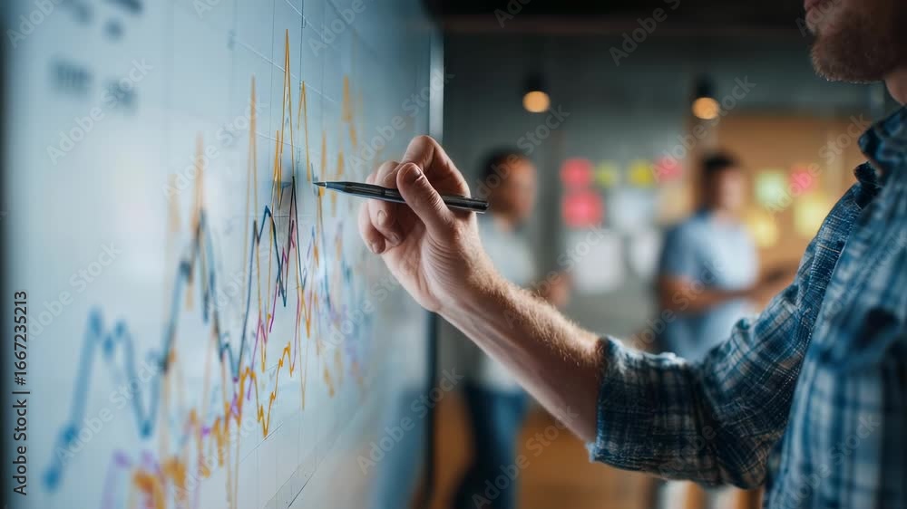 Poster medium closeup on a project lead pointing at fluctuating retention graphs on a transparent smart boa