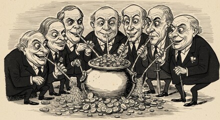 A satirical vintage cartoon of greedy businessmen in suits siphoning money from a pot of gold.