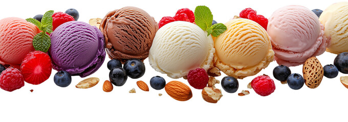 A row of ice cream flavors with nuts and berries on top