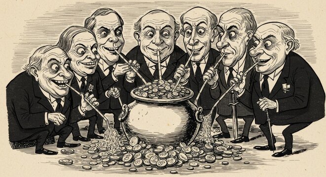 A satirical vintage cartoon of greedy businessmen in suits siphoning money from a pot of gold.