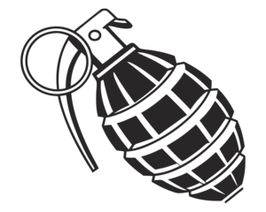 Stylized black and white illustration of a classic hand grenade with a textured body and safety pin, depicted at an angle.