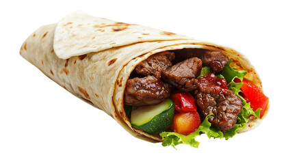 A burrito filled with meat and vegetables