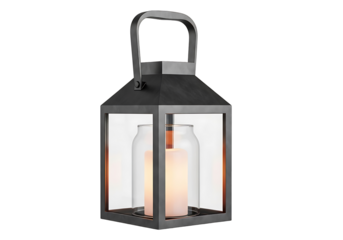 A modern, square, gray metal lantern with a clear glass panel showcases a warm, glowing candle.