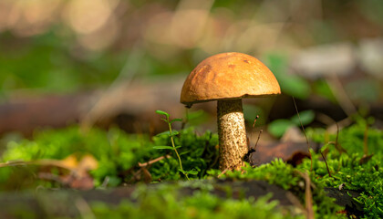 Mushroom on green moss in forest a natural woodland environment