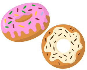 Set of two colorful donuts. Various types of donuts in glaze, elements for design of cafe, menu, promo banner. Flat vector cartoon illustration.