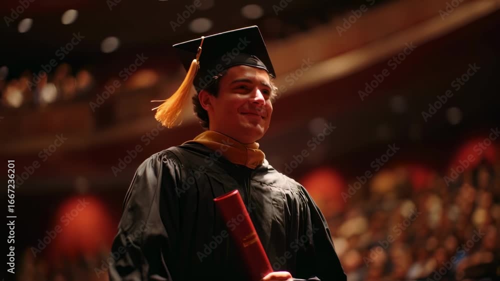 Poster medium shot of a confident graduate in cap and gown clutching a diploma with an outoffocus lecture h