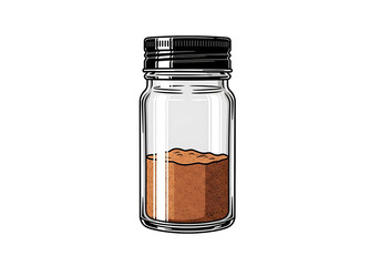 A glass spice jar filled with brown powder is depicted against a stark black background.