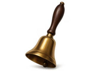 Golden bell with wooden handle ringing on transparent background