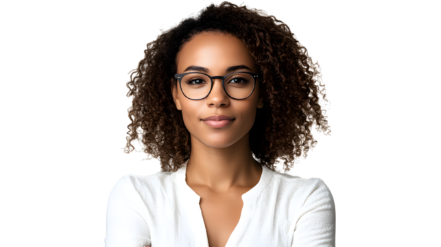 Professional Woman with Curly Hair and Glasses Smiling