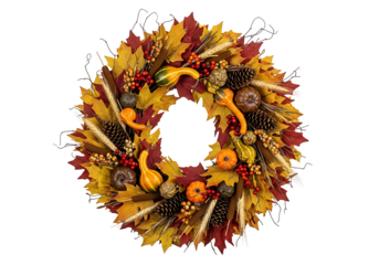 A vibrant autumn wreath, crafted with colorful leaves, gourds, and berries, displays a festive harvest scene against a stark black background.