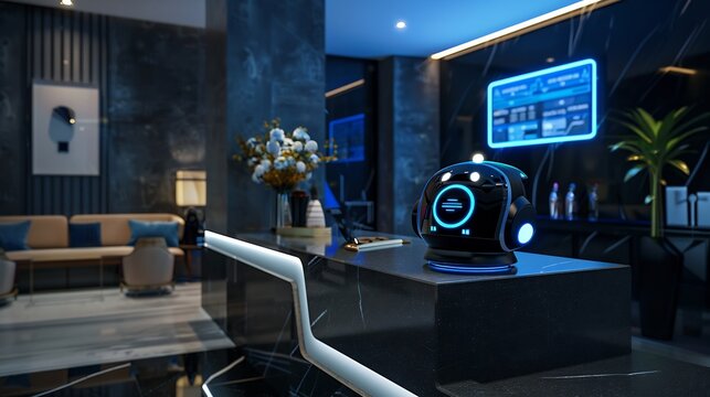 Futuristic Concierge Robot on Hotel Lobby Reception Desk with Neon Glowing Display and Blue Light