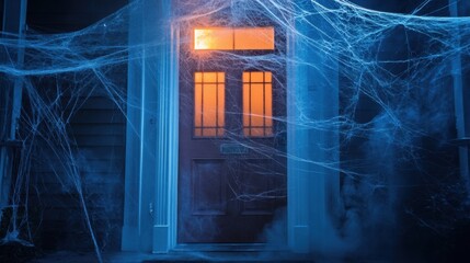 Spooky front door covered in cobwebs with light shining through glass