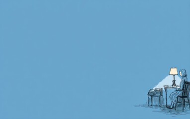 Solitary figure reads under a lamp on a blue background, sketch style