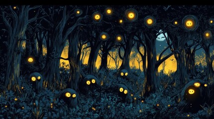 A spooky forest scene with glowing eyes and orbs in the dark night