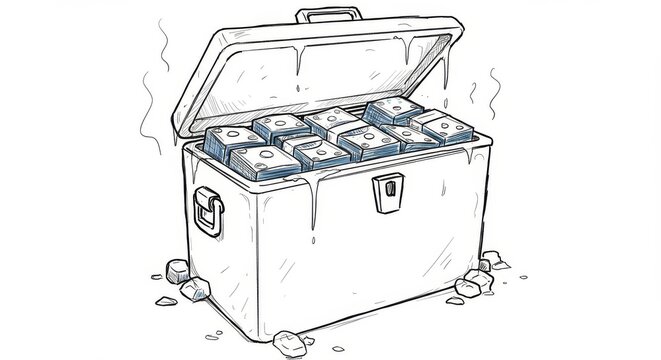 A metal cooler filled with frozen money, suggesting a loss or wasted opportunity.