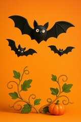 Fototapeta premium Halloween cute bat decoration with pumpkin and green vine on orange background spooky holiday design
