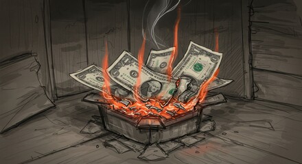 US dollar bills ablaze within a cardboard box, symbolizing financial loss or waste.