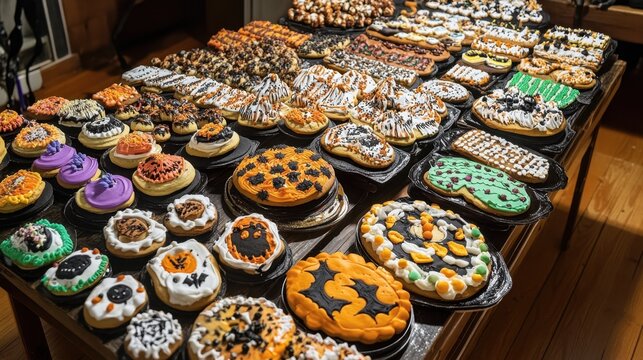 A table filled with a variety of decorated halloween themed cookies