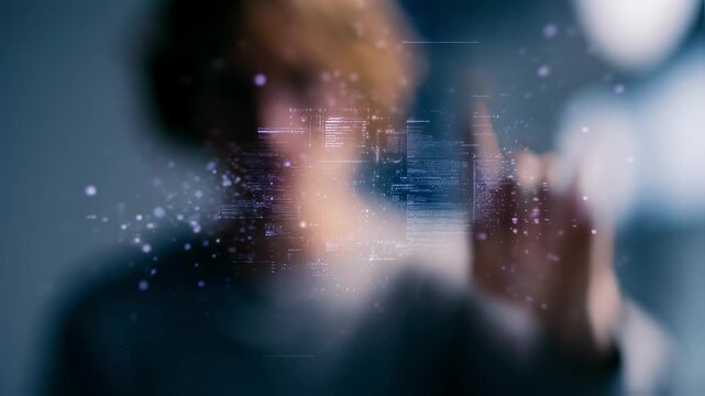 Medium frame showcasing a concentrated signer midgesture with outoffocus environment emphasizing floating edgelit captions that enhance realtime communication accessibility.