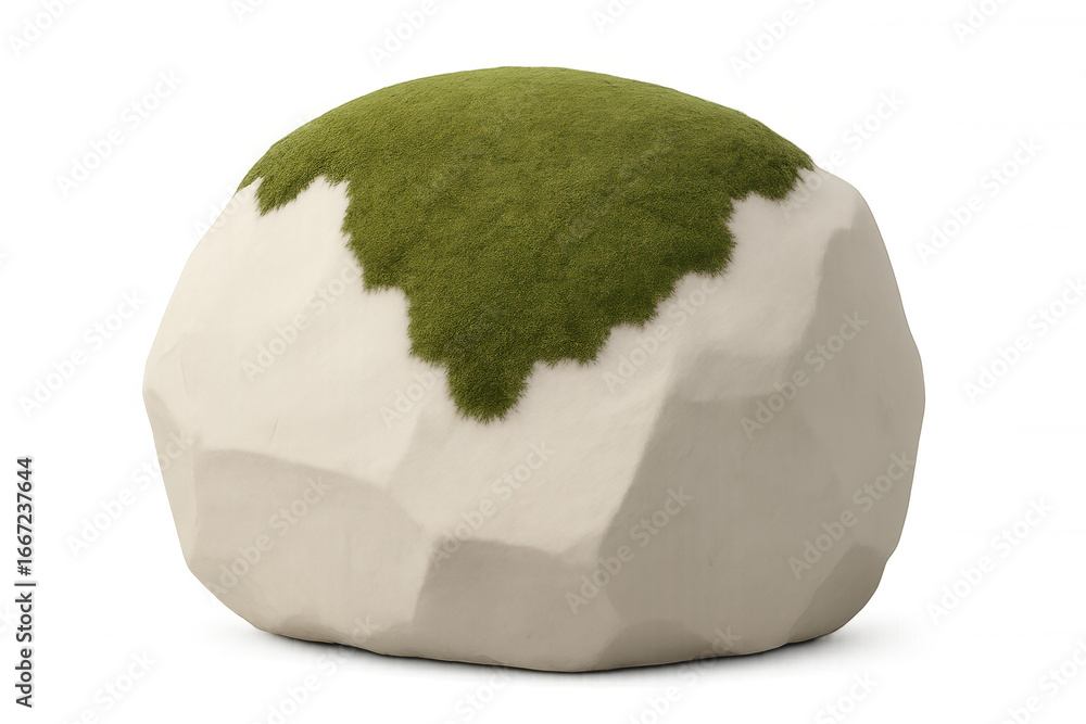Poster moss is growing on a white rock, creating a harmonious blend of nature and minimalism on a transpare