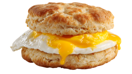Biscuit with fried egg and runny yolk isolated on a transparent background