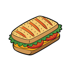 Delicious grilled panini sandwich with fresh tomato cheese and aromatic herbs illustration