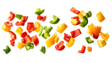 Chopped Bell Peppers Red Yellow Green Scattered isolated on a transparent background