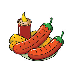 Delicious grilled sausage links with vibrant peppers and savory sauce presentation