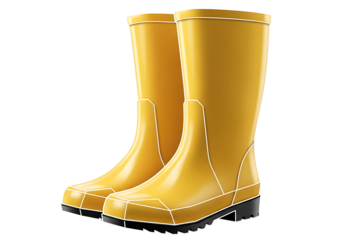 Two bright yellow rain boots, detailed with outlined edges, stand on a black background.