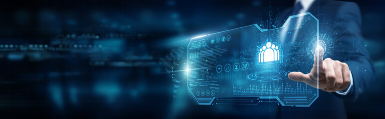 CRM specialist touching interface and CRM customer relationship management, data insights...