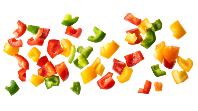 Chopped Bell Peppers Red Yellow Green Scattered isolated on a transparent background