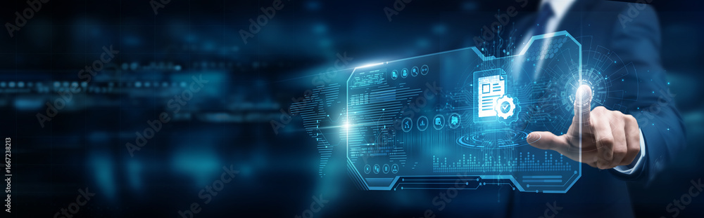 Aufkleber records manager touching interface and document management workflows, digital archiving storage inde