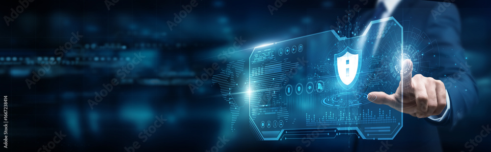 Poster security analyst touching interface and information security protocols, data protection compliance t