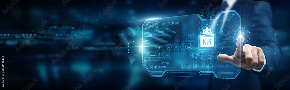 Aufkleber business analyst touching interface and kpi dashboard metrics, performance evaluation transformation
