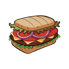 Delicious grilled steak sandwich with caramelized onions and savory sauce illustration