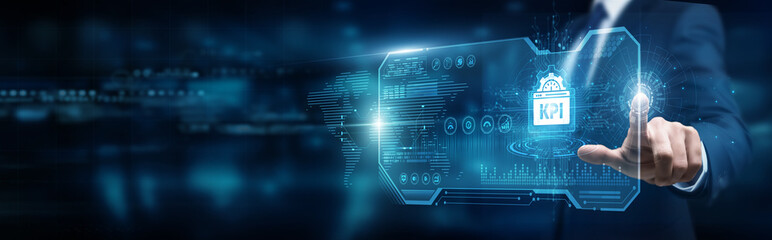 Business analyst touching interface and KPI dashboard metrics, performance evaluation transformation optimization automation innovation intelligence.