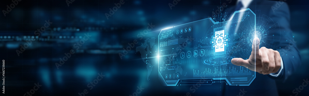 Poster real estate innovator touching interface and proptech solutions, digital property platforms transfor