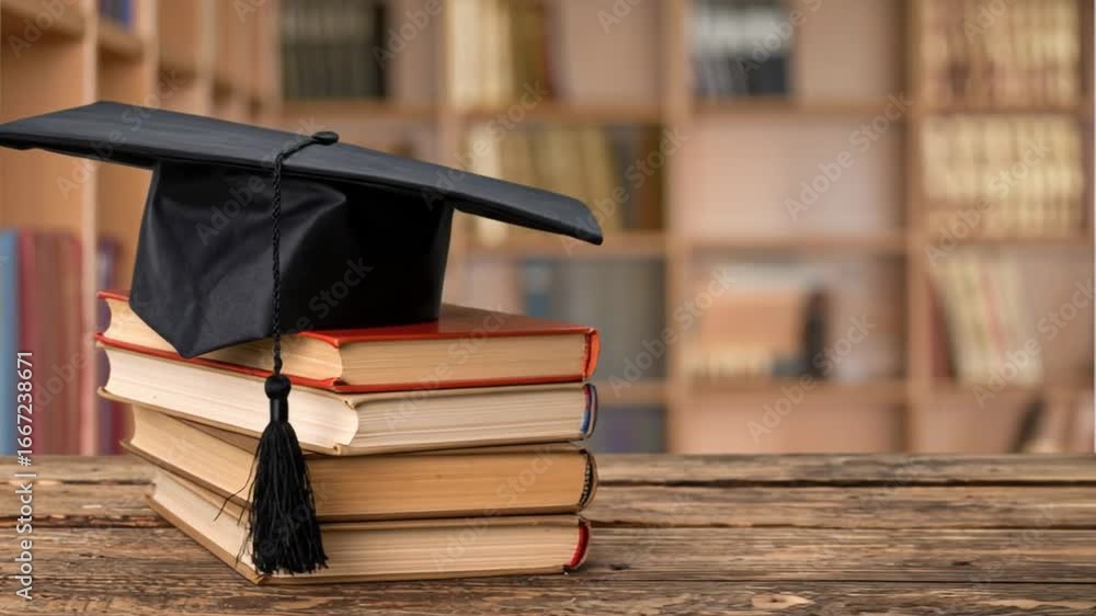 Poster black graduation cap placed atop stack of textbooks against blurred bookshelf backdrop in library wi