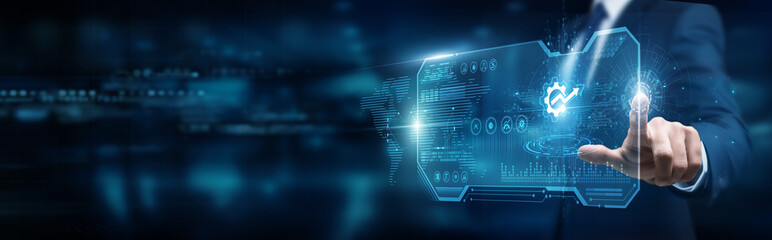 Business manager touching interface and productivity tools, workflow efficiency transformation optimization automation innovation performance.