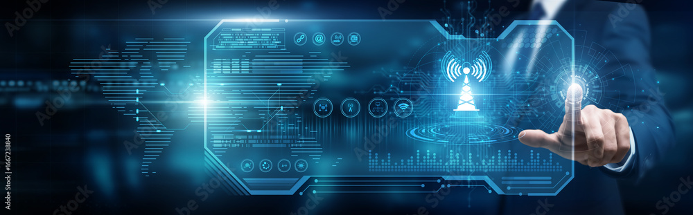 Aufkleber network engineer touching interface and telecommunications systems, connectivity transformation opti