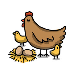 Happy Hen and Chicks with Eggs in Nest