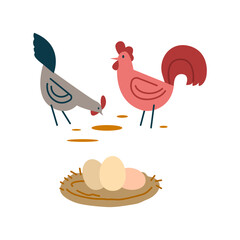 A charming illustration of a hen and rooster overseeing their newly laid eggs in a cozy nest