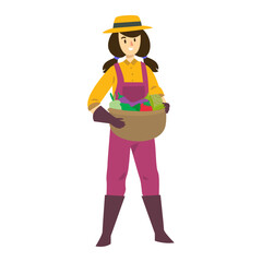 Farmer holding a basket of fresh vegetables in a garden, farming illustration
