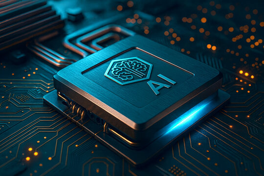Close-up AI processor on circuit board with glowing traces. Semiconductor concept for machine learning, neural networks, edge computing, data processing, robotics, HPC—futuristic tech background.